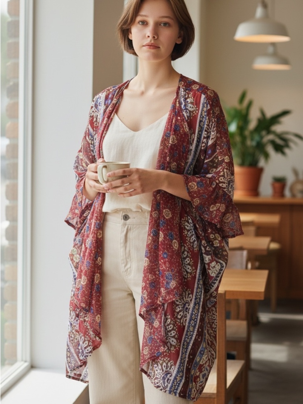 Umgee Red Floral Ruffle Kimono